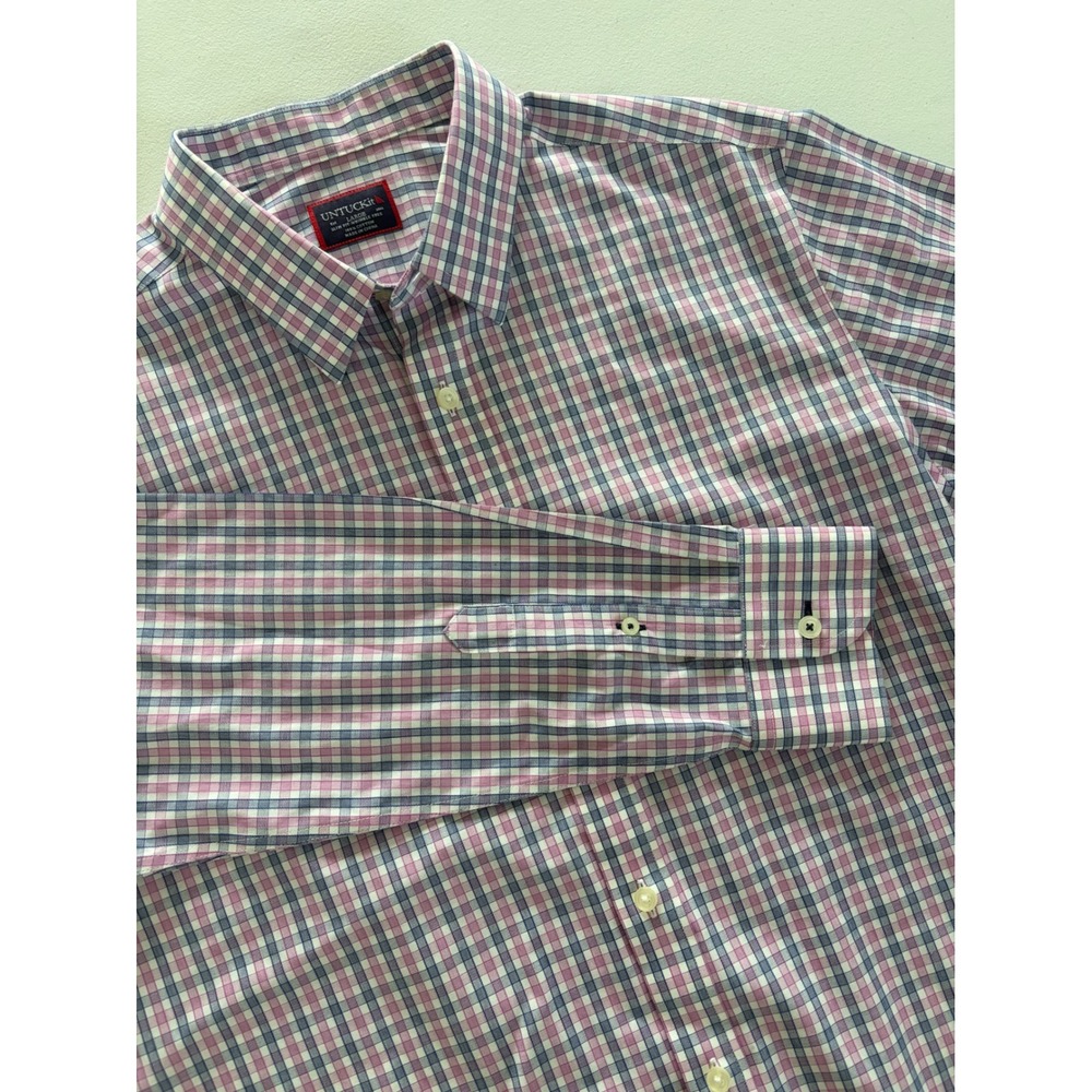 UNTUCKit Slim Fit Wrinkle Free Shirt Mens Large Pink Navy Blue Check Cotton